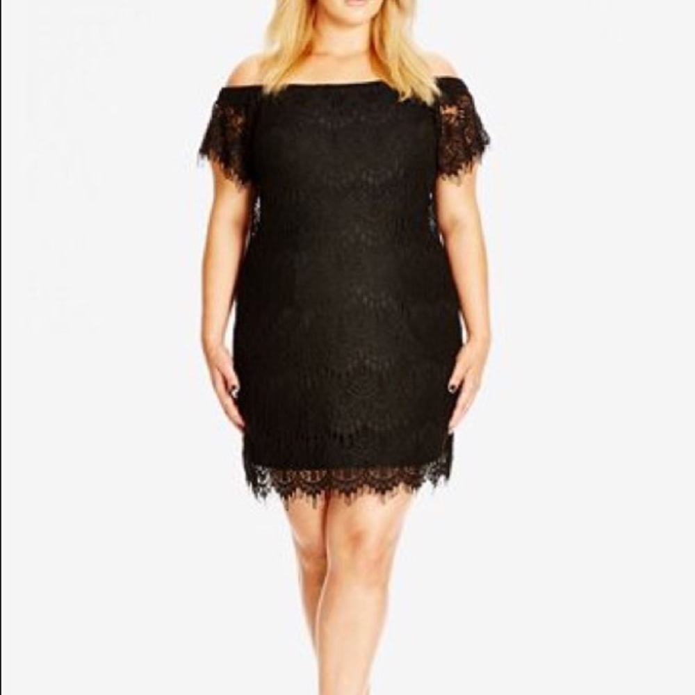 City Chic Off the Shoulder Black Lace Dres…